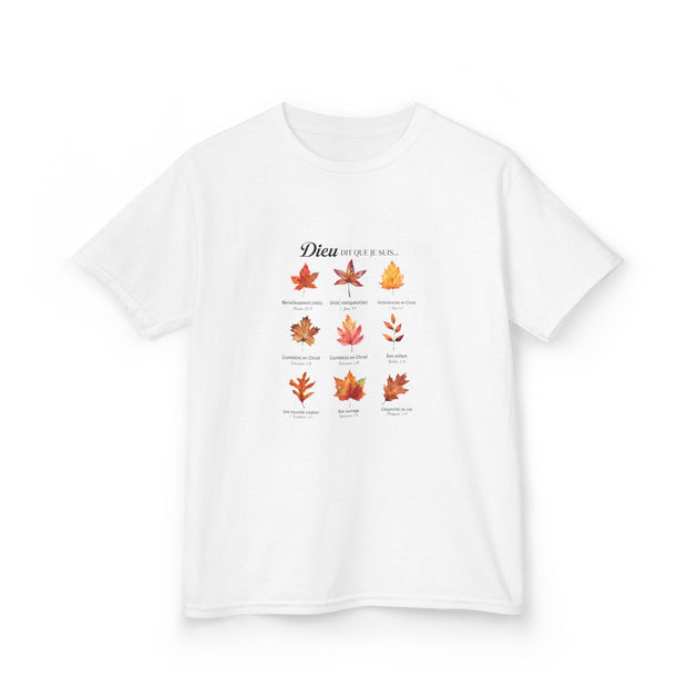T-shirt blanc pour enfant orné d'un motif de feuilles d'automne et de textes bibliques.
