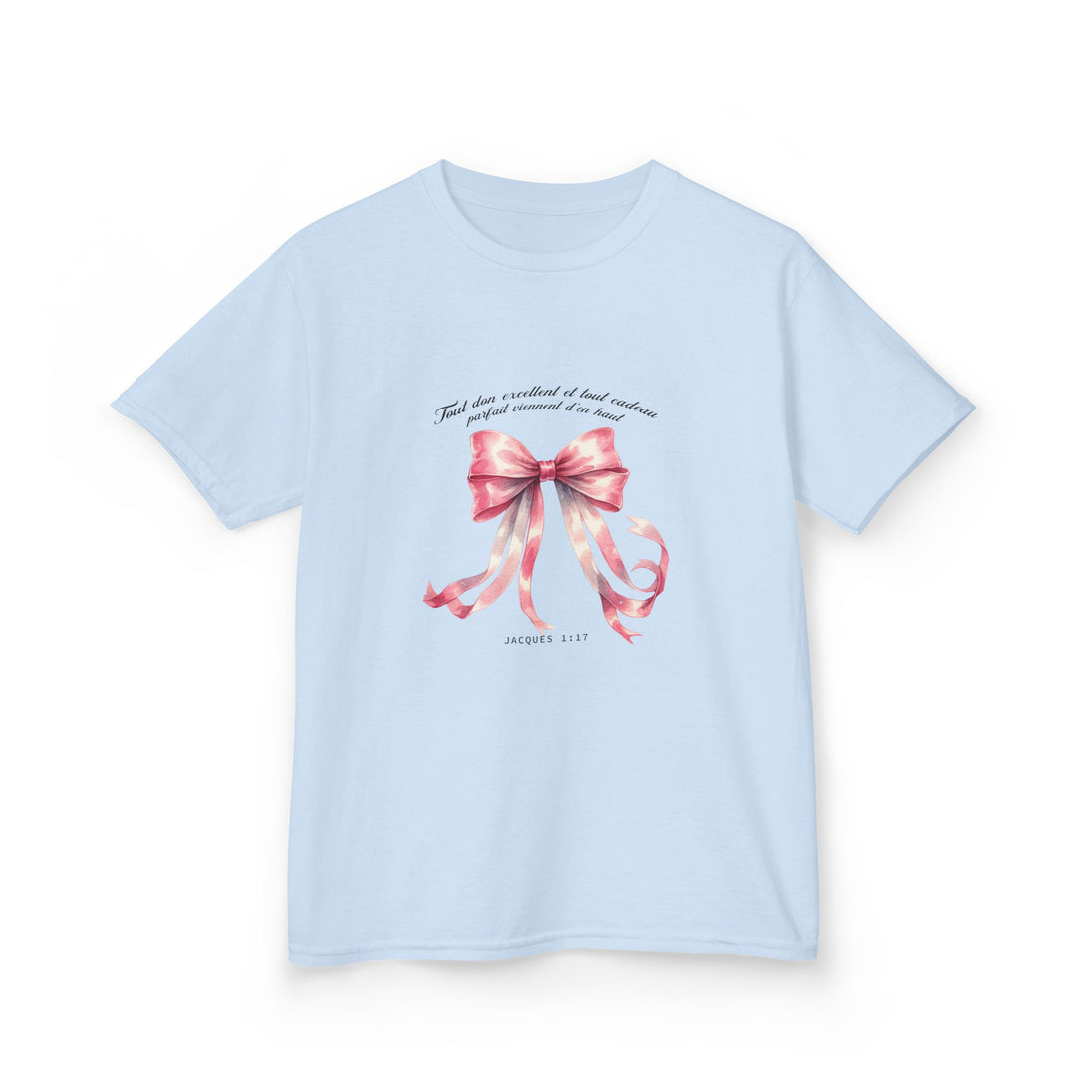 T-shirt bleu clair pour enfant avec un ruban rose à l'aquarelle et le verset Jacques 1:17.
