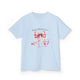 T-shirt bleu clair pour enfant avec un ruban rose à l'aquarelle et le verset Jacques 1:17.