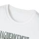 T-shirt blanc pour femme avec un col rond côtelé et une inscription imprimée en vert.