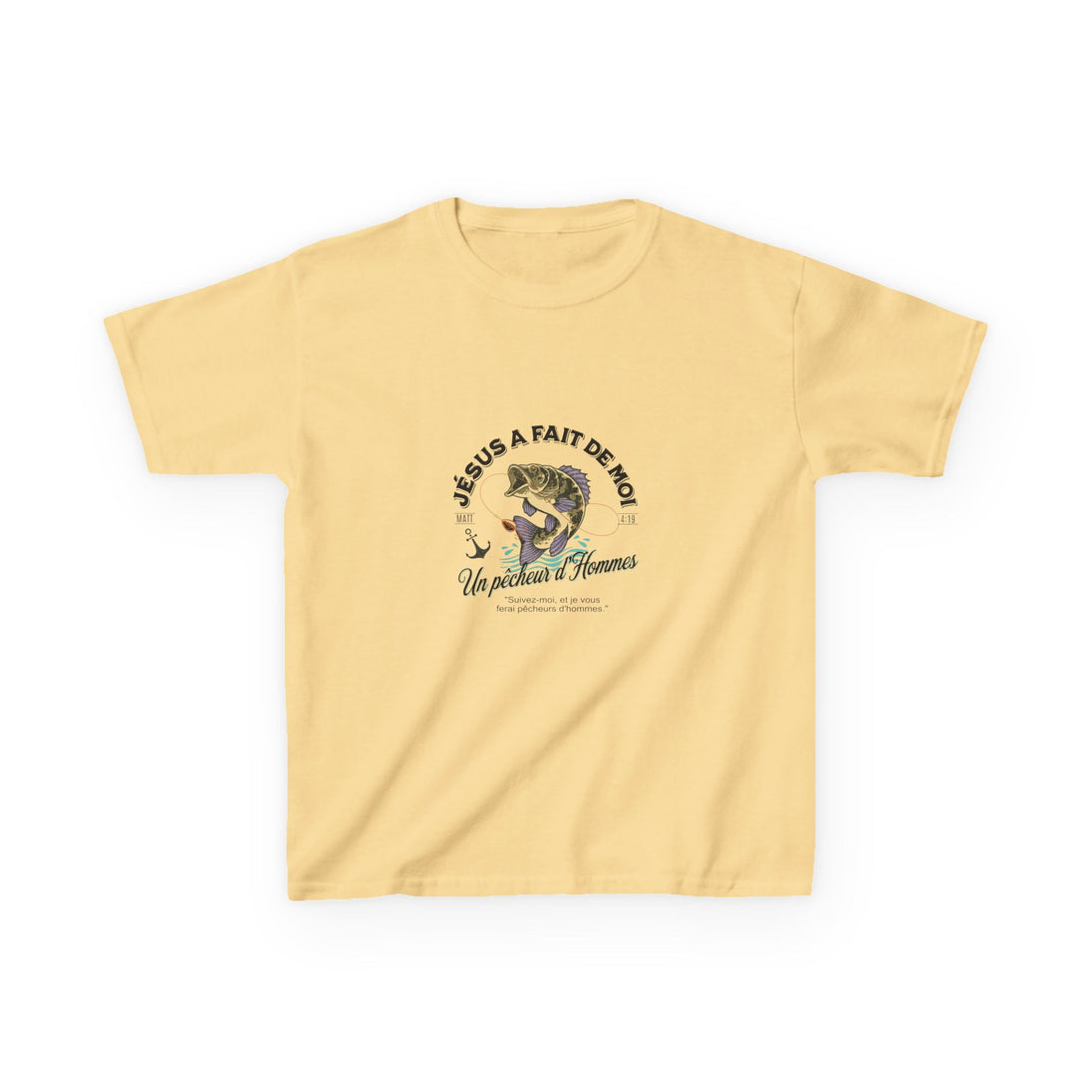 T-shirt jaune pour enfant avec une illustration de poisson et le texte Jésus a fait de moi.