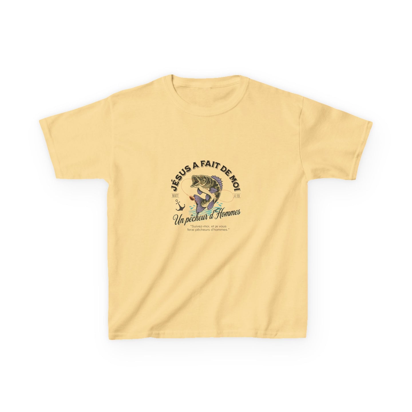 T-shirt jaune pour enfant avec une illustration de poisson et le texte Jésus a fait de moi.