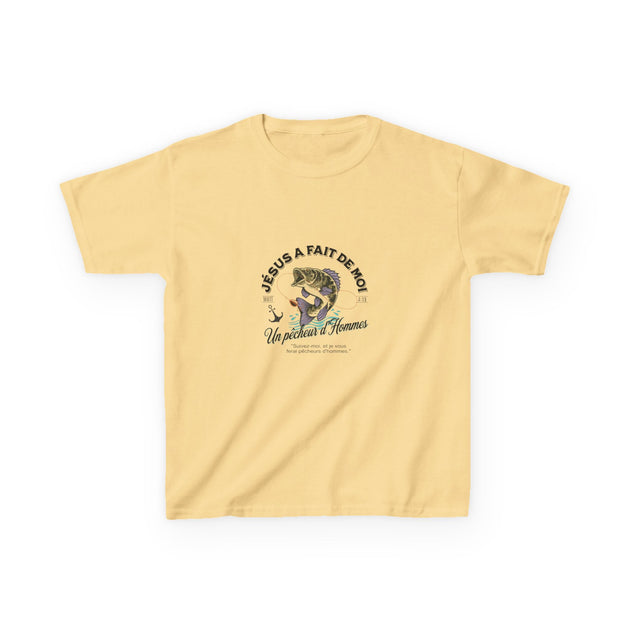 T-shirt jaune pour enfant avec une illustration de poisson et le texte Jésus a fait de moi.