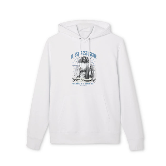 Sweat à capuche blanc en coton biologique avec une illustration religieuse imprimée sur le torse.