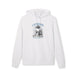 Sweat à capuche blanc en coton biologique avec une illustration religieuse imprimée sur le torse.
