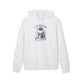 Sweat à capuche blanc en coton biologique avec une illustration religieuse imprimée sur le torse.