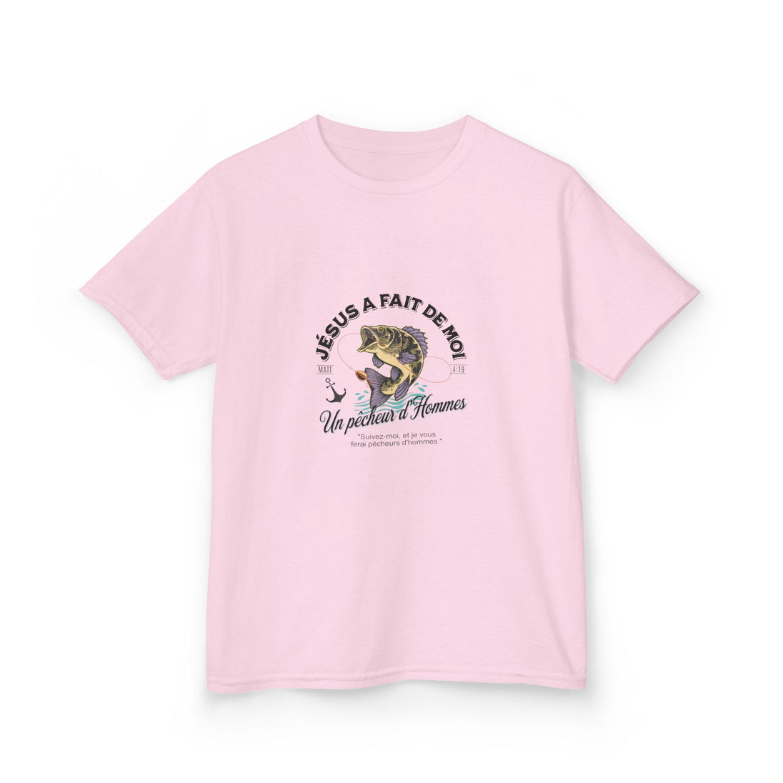 T-shirt rose pour enfant avec une illustration de poisson et un texte religieux en français.