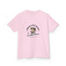 T-shirt rose pour enfant avec une illustration de poisson et un texte religieux en français.