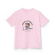 T-shirt rose pour enfant avec une illustration de poisson et un texte religieux en français.
