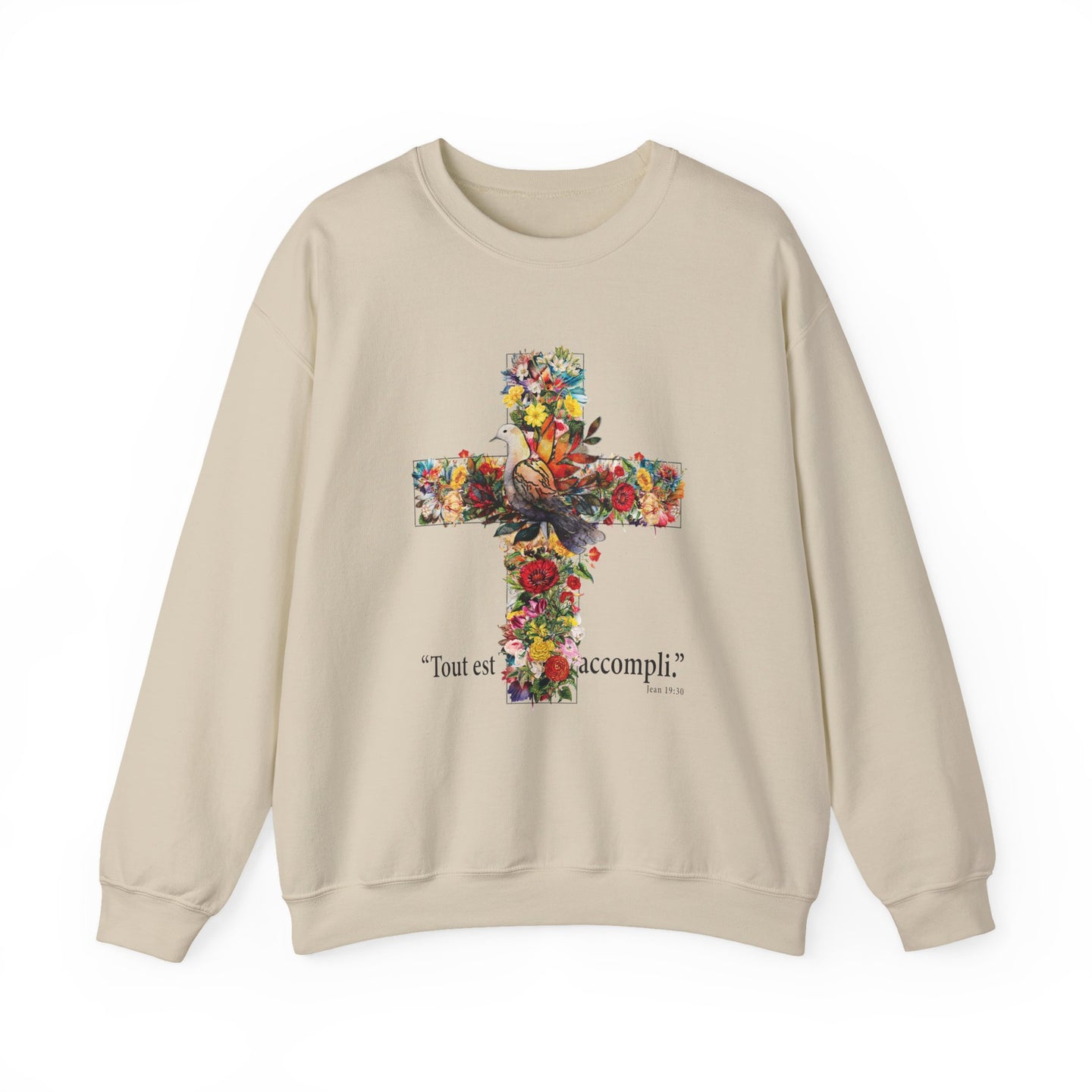 Sweat-shirt beige pour femme orné d'une croix florale avec une colombe et l'inscription chrétienne.