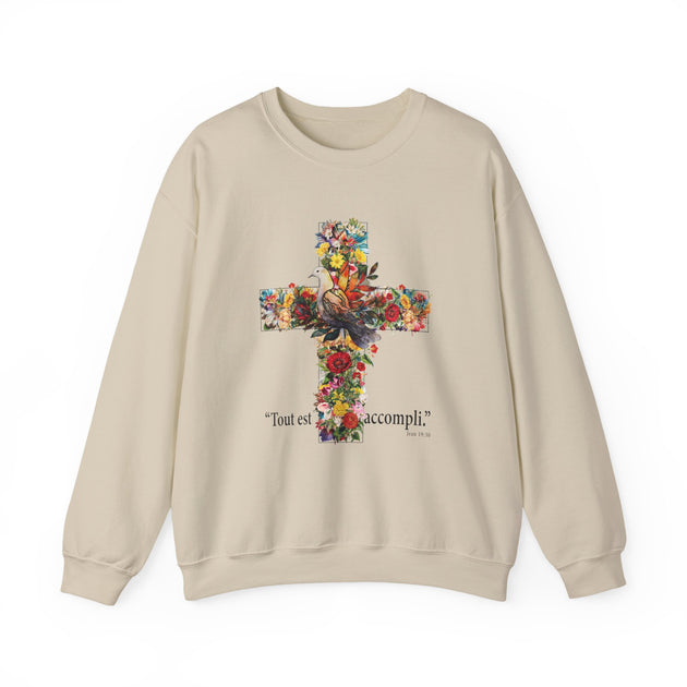 Sweat-shirt beige pour femme orné d'une croix florale avec une colombe et l'inscription chrétienne.