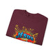 Sweat-shirt bordeaux plié avec un motif coloré style comics représentant une couronne d'épines.