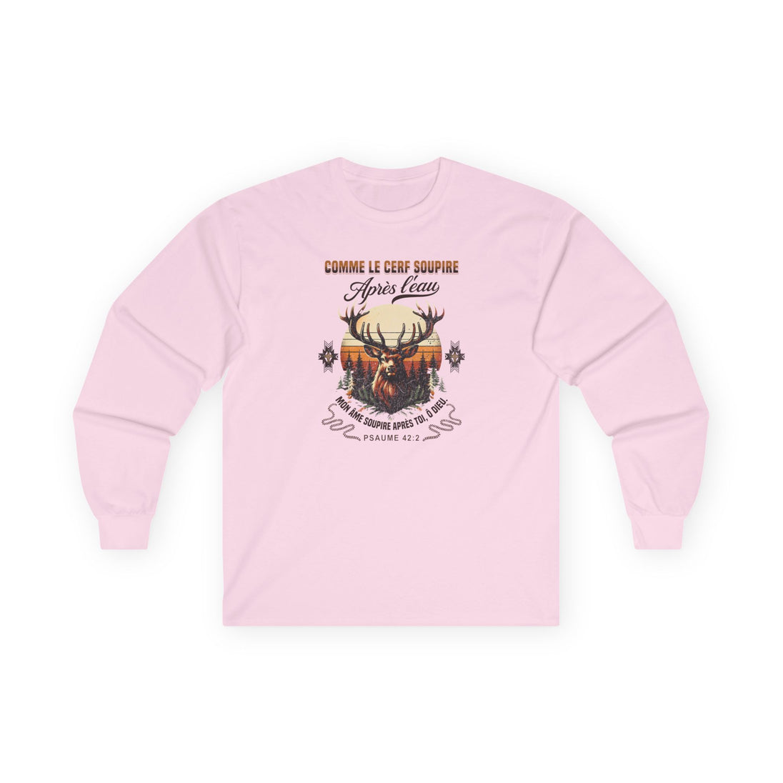 T-shirt rose à manches longues avec un motif de cerf et le texte biblique Psaume 42:2.