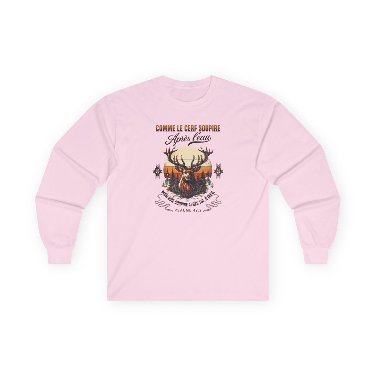 T-shirt rose à manches longues avec un motif de cerf et le texte biblique Psaume 42:2.
