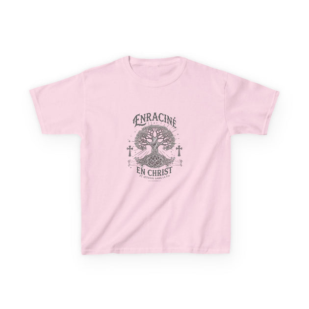 T-shirt rose pour enfant avec une illustration d'arbre et le texte Enraciné en Christ.