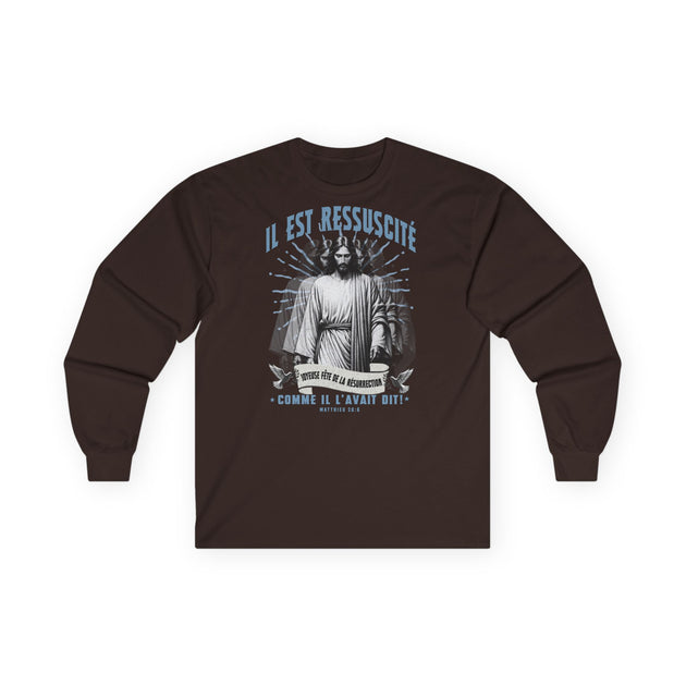 T-shirt marron à manches longues pour femme avec une illustration religieuse et du texte en français.
