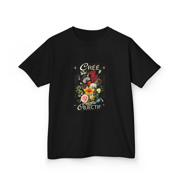 T-shirt noir pour enfant orné d'un bouquet floral et de l'inscription Créé avec un objectif.