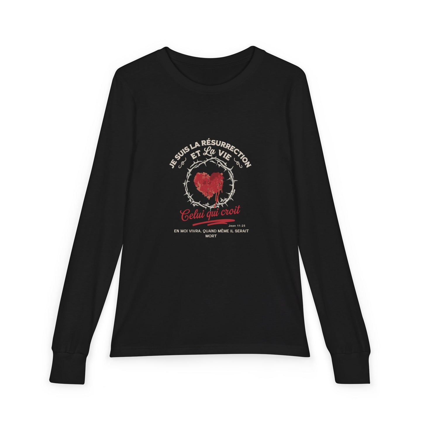 T-shirt noir à manches longues pour enfant avec un motif de cœur entouré d'épines et texte religieux.