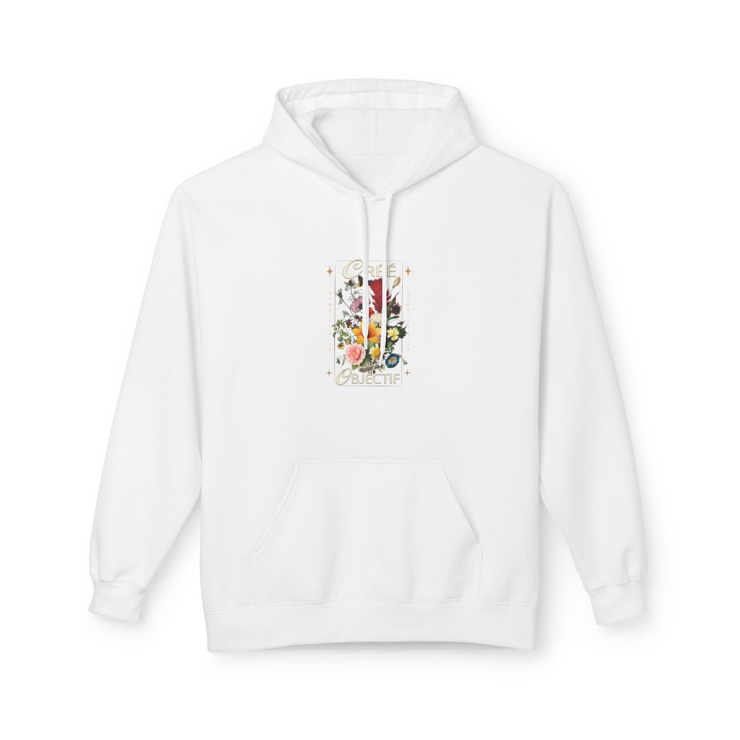 Sweat à capuche blanc pour femme avec un motif floral et l'inscription Créée avec un objectif.