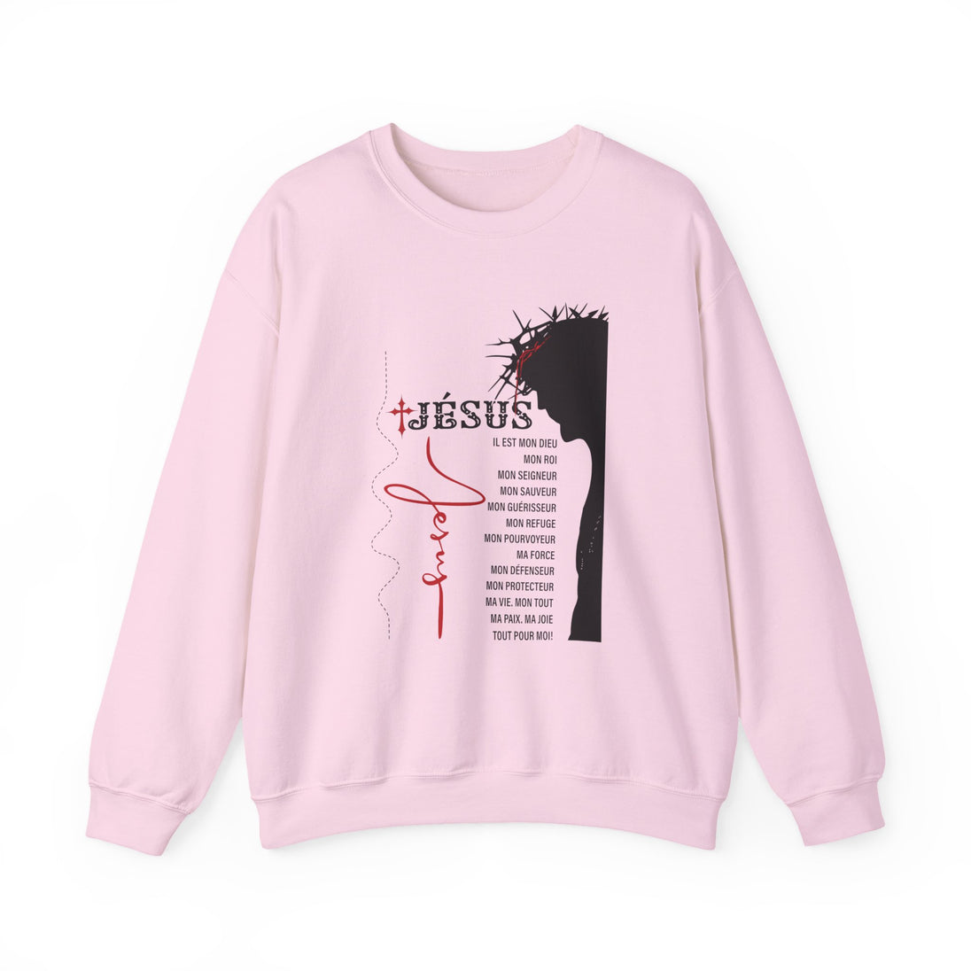 Sweat-shirt rose pour femme avec une illustration de Jésus et des inscriptions religieuses.