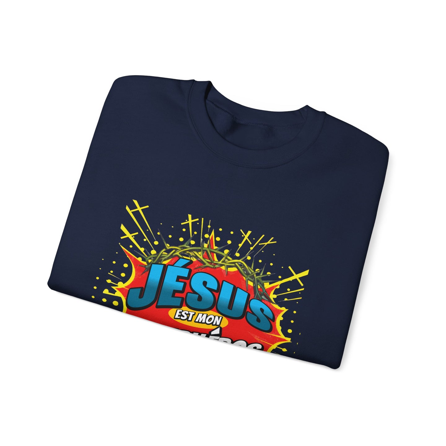 Sweat-shirt bleu marine plié avec le motif coloré Jésus est mon superhéros.