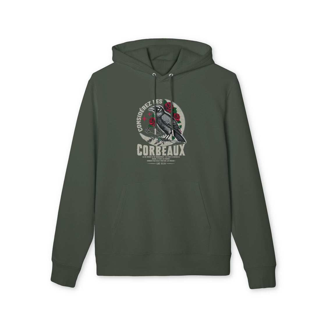 Sweat à capuche vert olive avec une illustration de corbeau et des roses sur la poitrine.