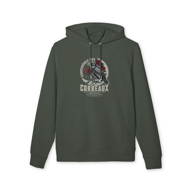Sweat à capuche vert olive avec une illustration de corbeau et des roses sur la poitrine.