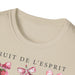 T-shirt beige pour femme orné d'un motif aquarelle de cerises avec des nœuds et l'inscription.