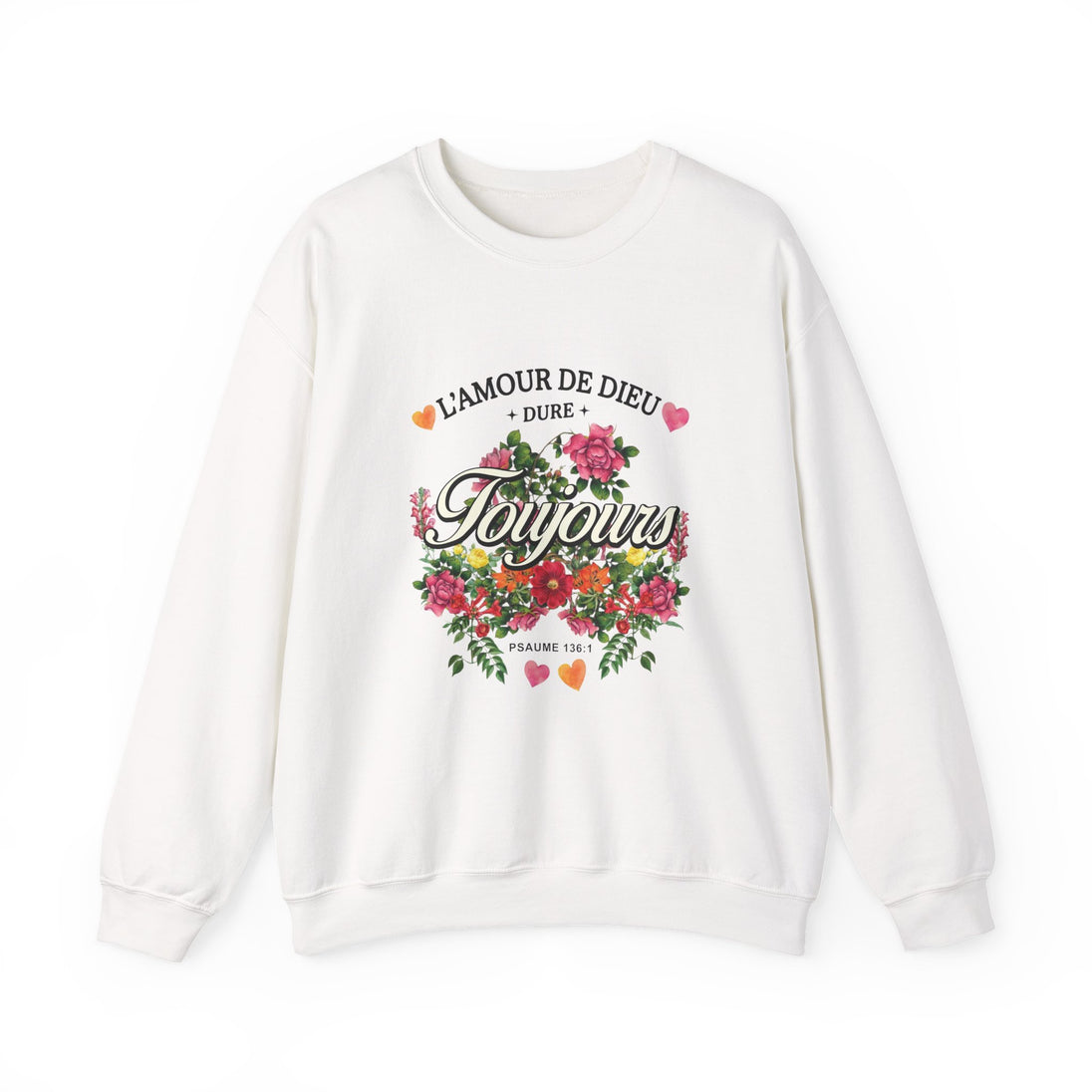 Sweat-shirt blanc à col rond orné d'un motif floral coloré et de l'inscription L'amour de Dieu.