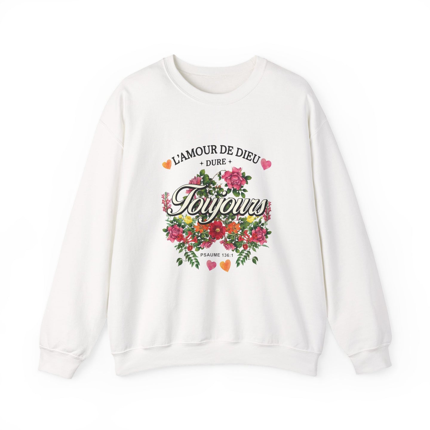 Sweat-shirt blanc à col rond orné d'un motif floral coloré et de l'inscription L'amour de Dieu.