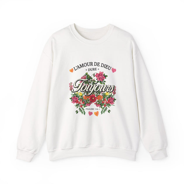 Sweat-shirt blanc à col rond orné d'un motif floral coloré et de l'inscription L'amour de Dieu.