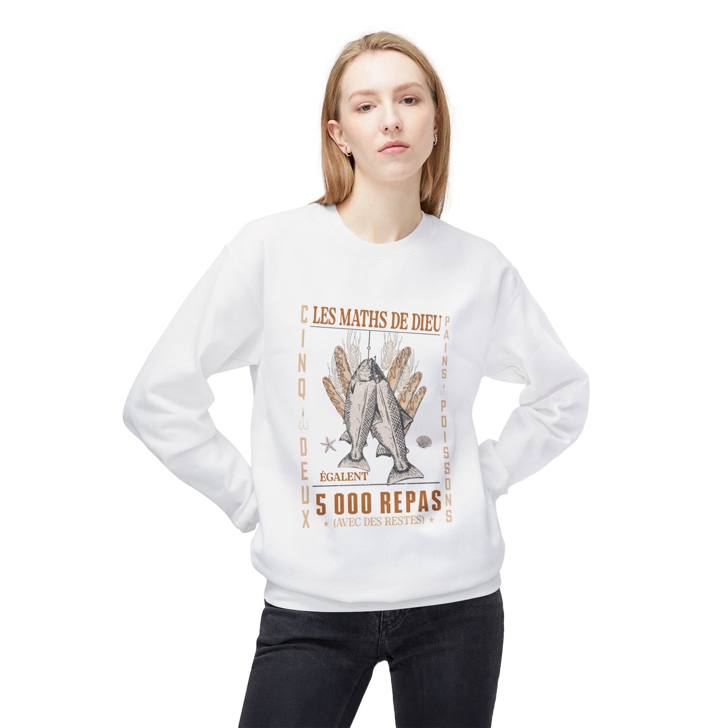 Sweatshirt blanc pour femme avec illustration chrétienne 'Les Maths de Dieu' et motif de poissons.