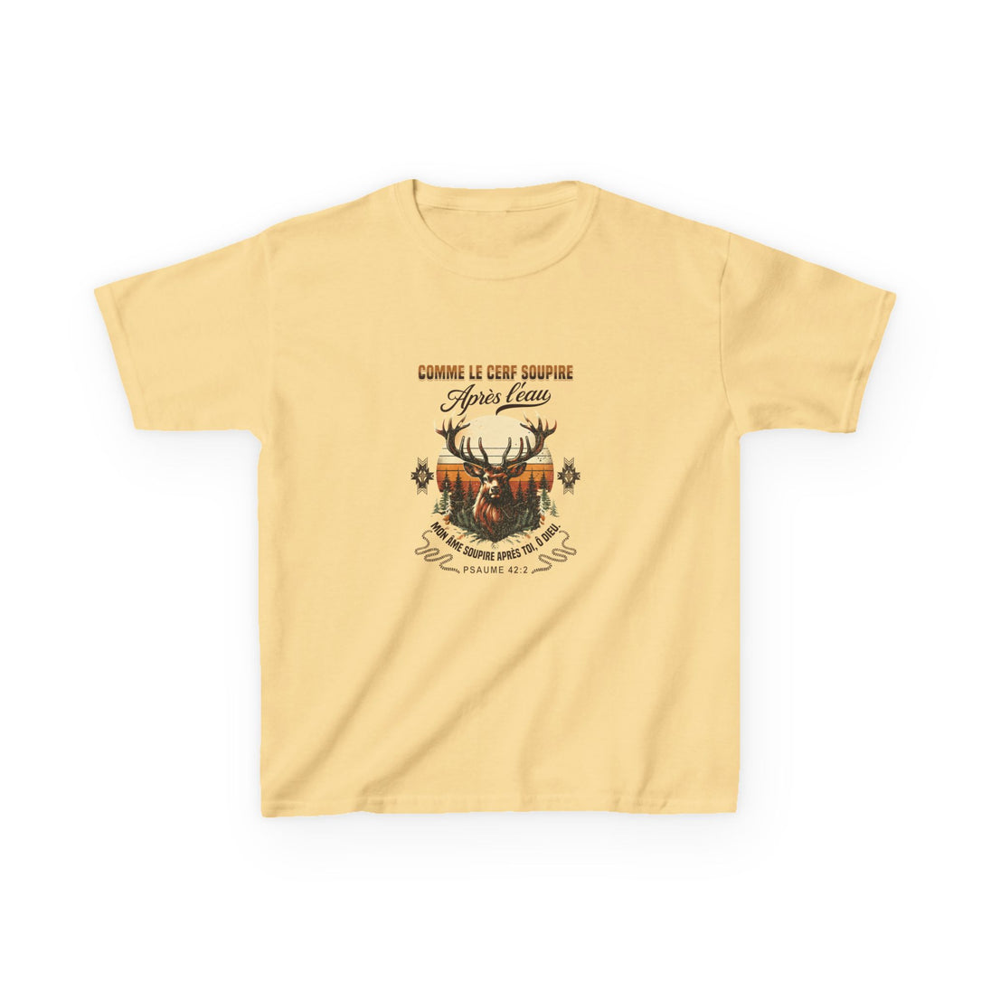 T-shirt jaune pour enfant avec une illustration de cerf et le texte biblique Psaume 42:2.