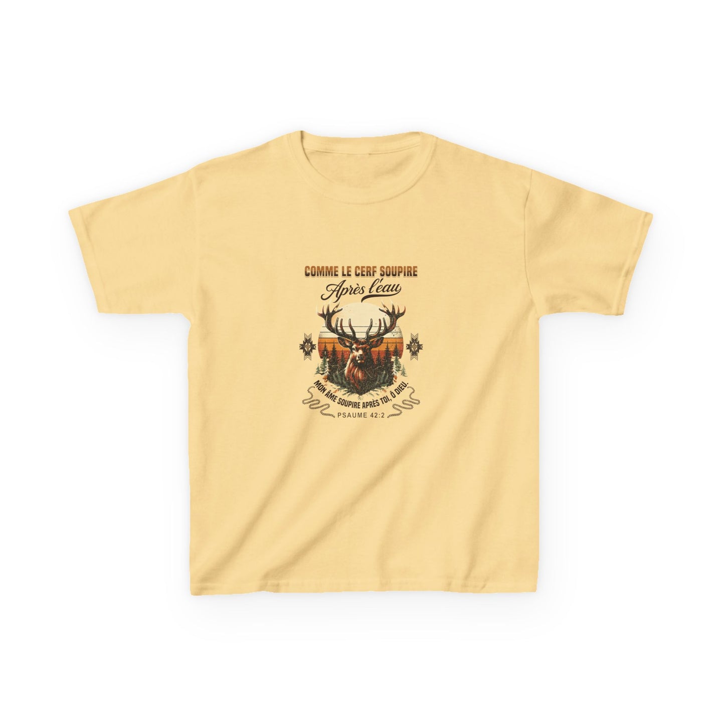 T-shirt jaune pour enfant avec une illustration de cerf et le texte biblique Psaume 42:2.