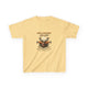 T-shirt jaune pour enfant avec une illustration de cerf et le texte biblique Psaume 42:2.