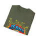 T-shirt vert olive plié avec un motif style bande dessinée représentant une couronne d'épines.
