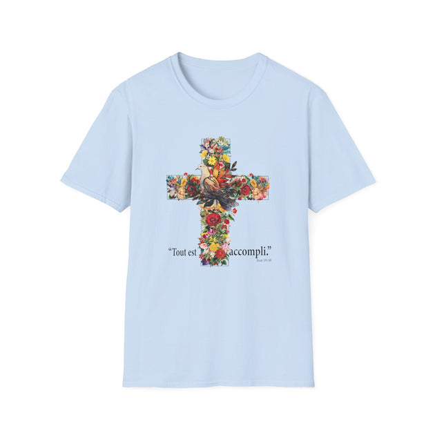T-shirt bleu clair pour femme avec une croix fleurie, une colombe et le texte Tout est accompli.