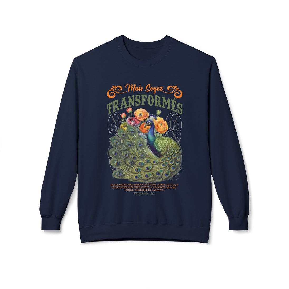 Sweat-shirt bleu marine pour femme avec un motif de paon et le texte biblique Romains 12:2.