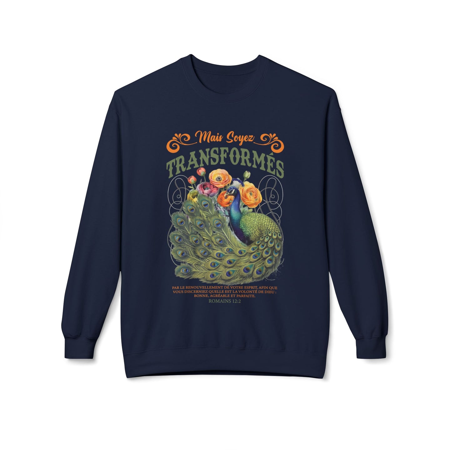 Sweat-shirt bleu marine pour femme avec un motif de paon et le texte biblique Romains 12:2.