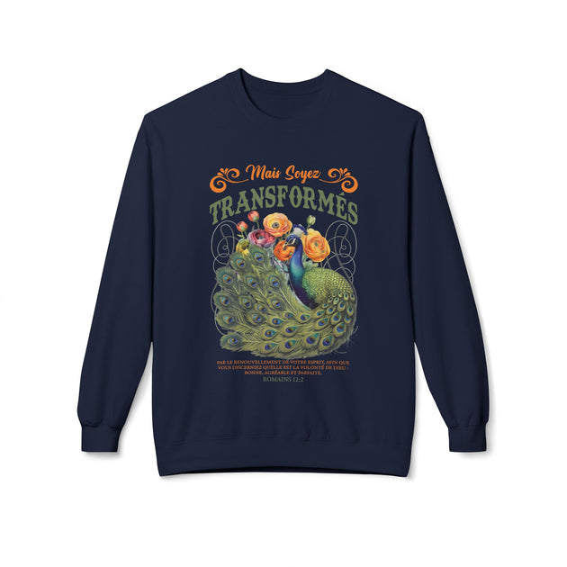 Sweat-shirt bleu marine pour femme avec un motif de paon et le texte biblique Romains 12:2.