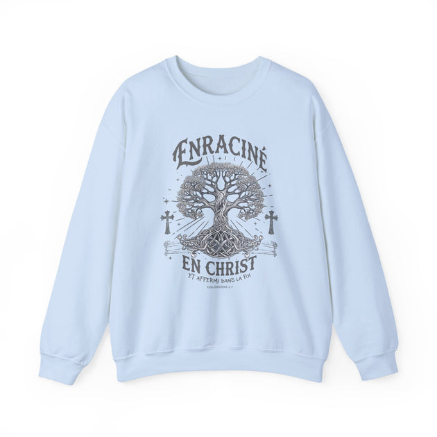 Sweat-shirt bleu clair avec un motif d'arbre de vie et l'inscription Enraciné en Christ.