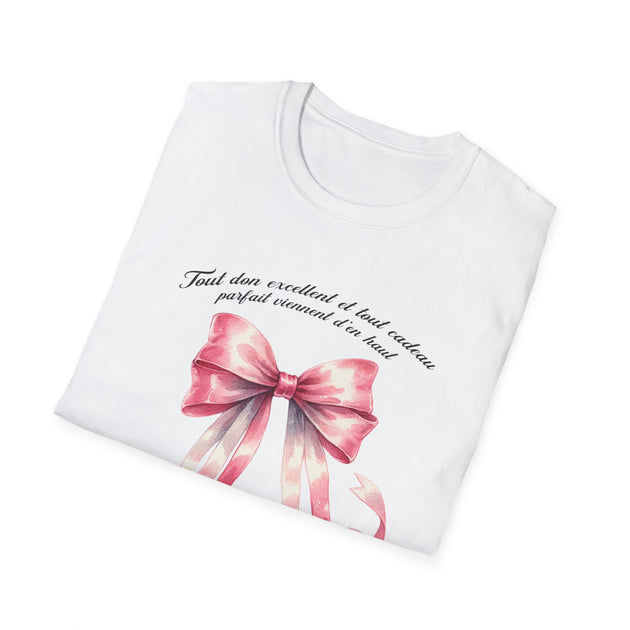 T-shirt blanc pour femme orné d'un nœud rose aquarelle et de l'inscription Tout don excellent.