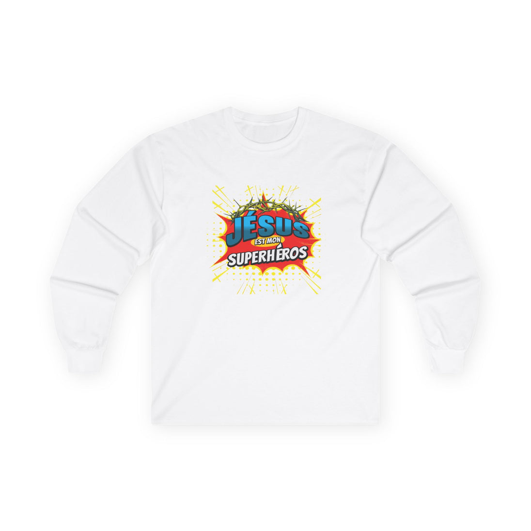 T-shirt blanc à manches longues pour homme avec un motif graphique inspiré des bandes dessinées.
