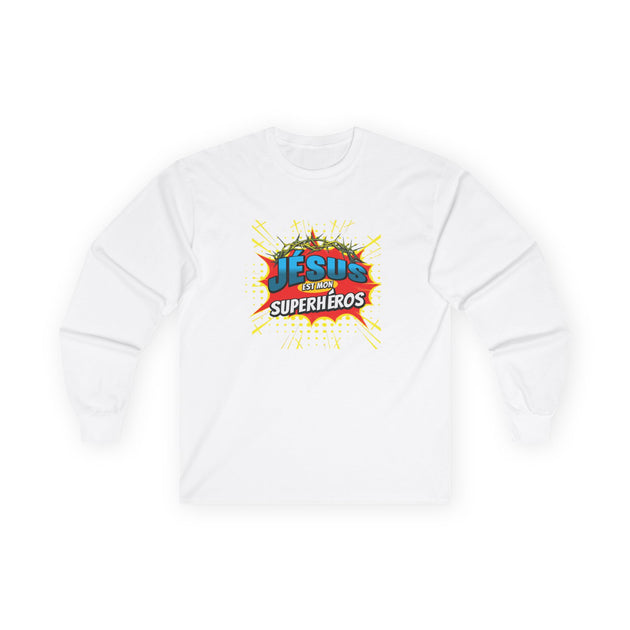 T-shirt blanc à manches longues pour homme avec un motif graphique inspiré des bandes dessinées.