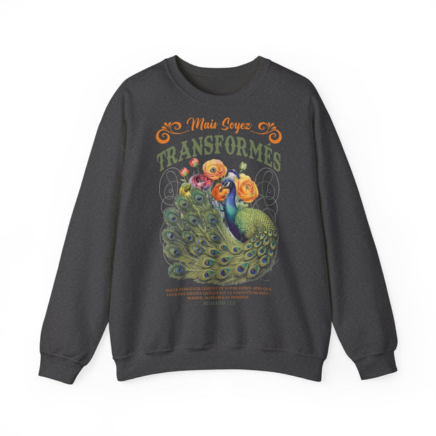 Sweat-shirt gris foncé avec un paon, des fleurs et le verset biblique Romains 12:2.