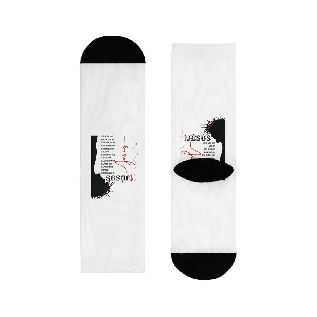 Paire de chaussettes blanches avec le motif d'une silhouette de Jésus couronné d'épines.