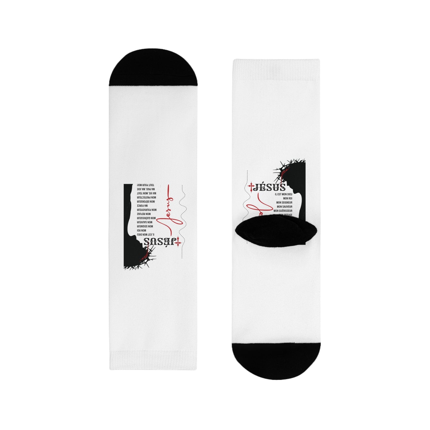 Paire de chaussettes blanches avec le motif d'une silhouette de Jésus couronné d'épines.