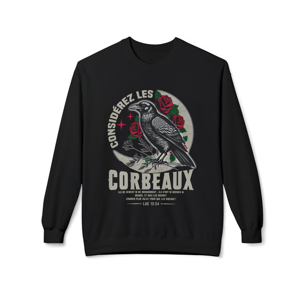 Sweatshirt noir pour femme avec une illustration de corbeau, de roses et le verset Luc 12:24.