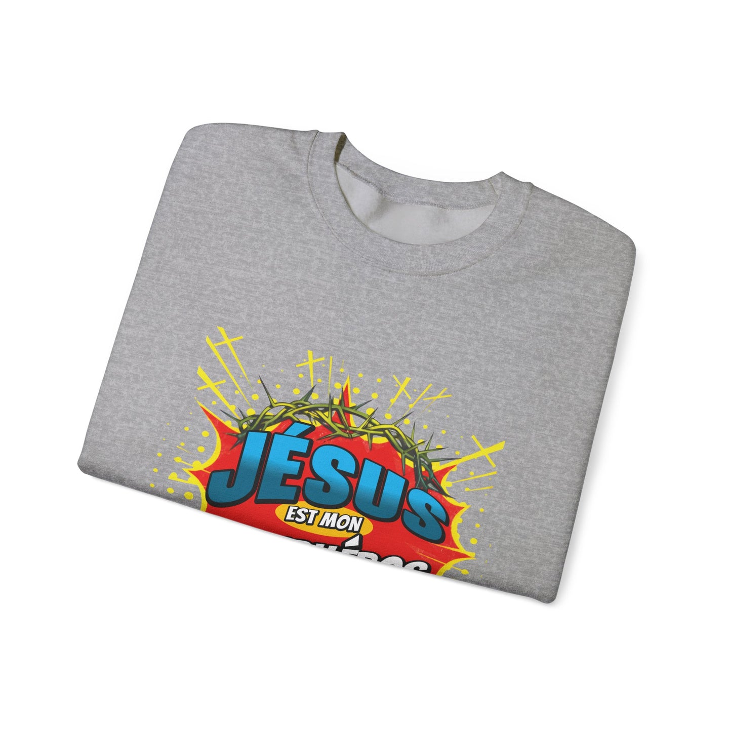 Sweat-shirt gris plié avec une illustration style comics Jésus est mon superhéros.