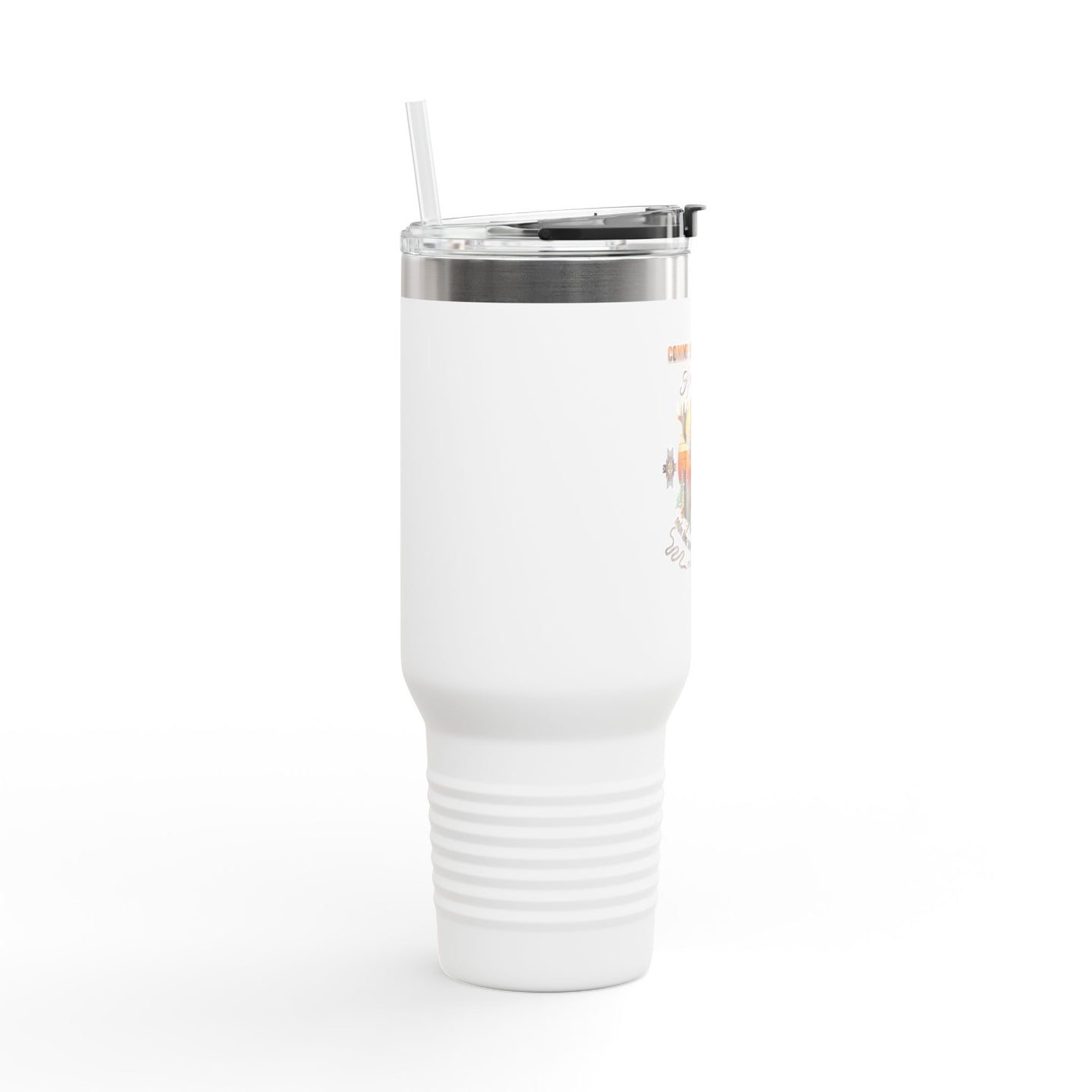 Gobelet isotherme blanc de 40 oz avec paille et motif imprimé sur le côté.
